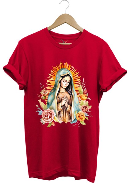 Renkli Meryem Ana Baskılı %100 Pamuk Regular Fit Bisiklet Yaka T-Shirt