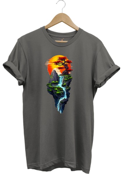 Manzara Ağaç Güneş Dağ ve Nehir Baskılı %100 Pamuk Regular Fit Bisiklet Yaka T-Shirt