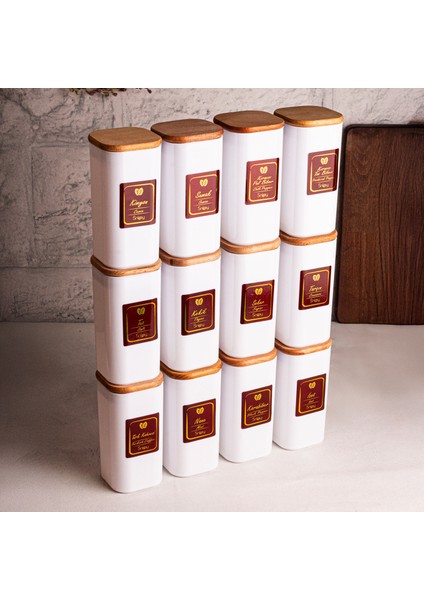 Boxy Beyaz - 12'li Ahşap Vakumlu Kapaklı Etiketli Baharatlık Takımı 350 ml - Erzak Saklama Kabı Seti