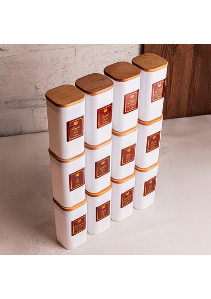 Boxy Beyaz - 12'li Ahşap Vakumlu Kapaklı Etiketli Baharatlık Takımı 350 ml - Erzak Saklama Kabı Seti fiyatları