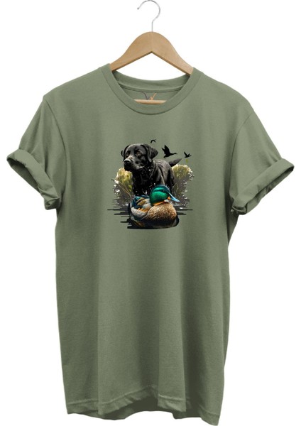 Avcılık Widi Hunting Ördek Avı ve Avcı Köpeği Baskılı %100 Pamuk Regular Fit Bisiklet Yaka T-Shirt