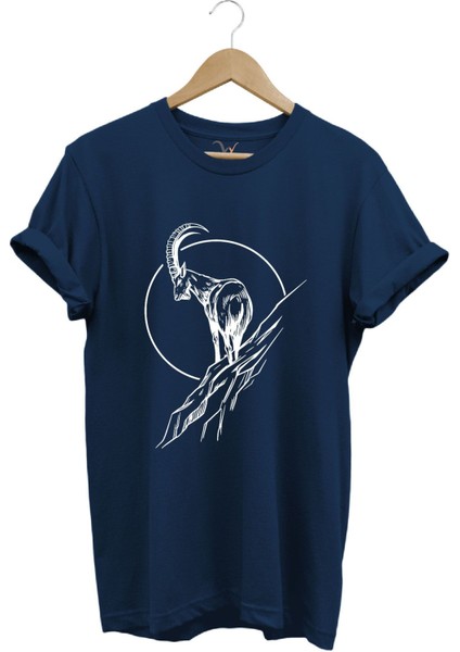 Avcılık Dağ Keçisi Baskılı %100 Pamuk Regular Fit Bisiklet Yaka T-Shirt