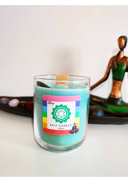 Kalp Çakra Yeşim Taşlı Meditasyon Yoga Mumu ve Gül Kokulu Doğal Soya Mum