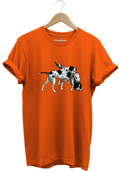 Avcılık Hunting Renkli Pointer Setter Köpekleri Baskılı %100 Pamuk Regular Fit Bisiklet Yaka T-Shirt