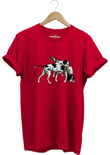 Avcılık Hunting Renkli Pointer Setter Köpekleri Baskılı %100 Pamuk Regular Fit Bisiklet Yaka T-Shirt