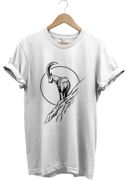 Avcılık Dağ Keçisi Baskılı %100 Pamuk Regular Fit Bisiklet Yaka T-Shirt