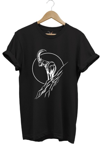 Avcılık Dağ Keçisi Baskılı %100 Pamuk Regular Fit Bisiklet Yaka T-Shirt