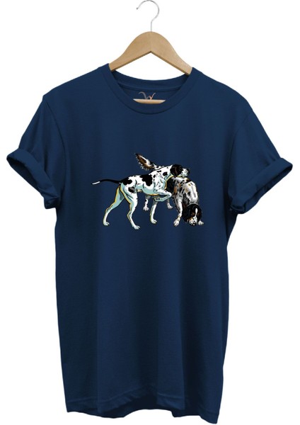 Avcılık Hunting Renkli Pointer Setter Köpekleri Baskılı %100 Pamuk Regular Fit Bisiklet Yaka T-Shirt