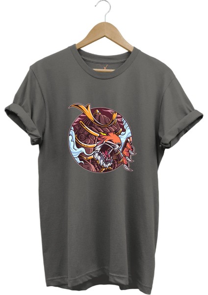 Streetwear Savaşçı Japon Kaplan Baskılı Şık Tasarımlı %100 Pamuk Bisiklet Yaka T-Shirt