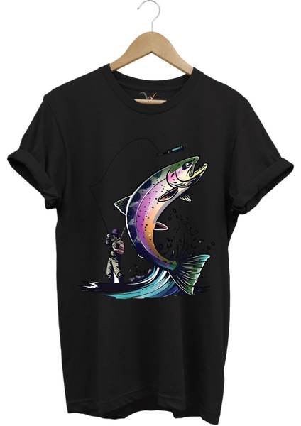 Balık Avı Baskılı Fishing Olta Ile Balık Tutmak Turna Levrek Balığı Regular Fit %100 Pamuk Tişört