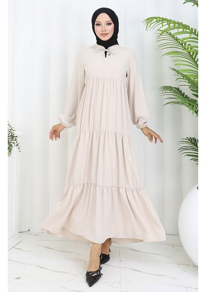 Inci Ayrobin Farbalı Kolları Lastikli Elbise 4909-13 Taş