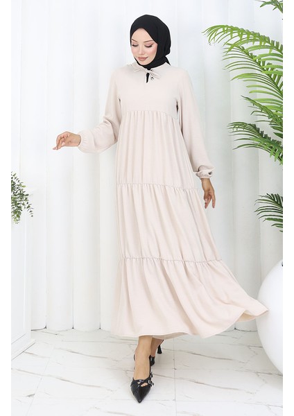 Inci Ayrobin Farbalı Kolları Lastikli Elbise 4909-13 Taş