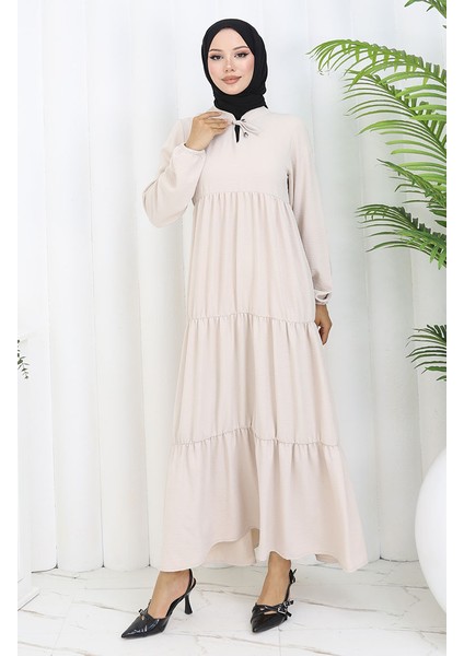 Inci Ayrobin Farbalı Kolları Lastikli Elbise 4909-13 Taş