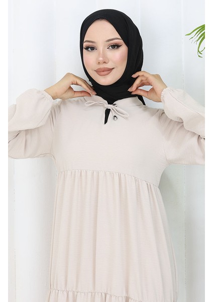 Inci Ayrobin Farbalı Kolları Lastikli Elbise 4909-13 Taş