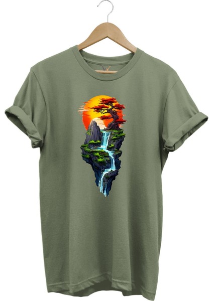 Manzara Ağaç Güneş Dağ ve Nehir Baskılı %100 Pamuk Regular Fit Bisiklet Yaka T-Shirt