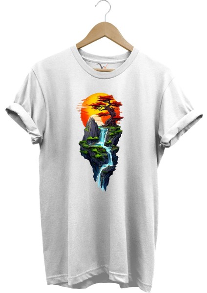 Manzara Ağaç Güneş Dağ ve Nehir Baskılı %100 Pamuk Regular Fit Bisiklet Yaka T-Shirt