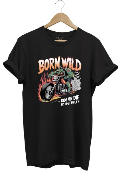 Motorsiklet Born Wild Ride Or Die Baskılı Kuru Kafa %100 Pamuk Regular Fit Bisiklet Yaka T-Shirt