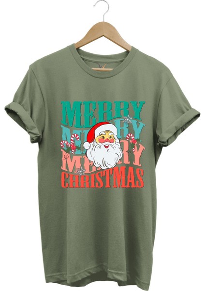 Unisex Yeni Yıl Yılbaşı Noel Baba Merry Christmas Baskılı Şirin Hediye Pamuklu Regular Fit T-Shirt