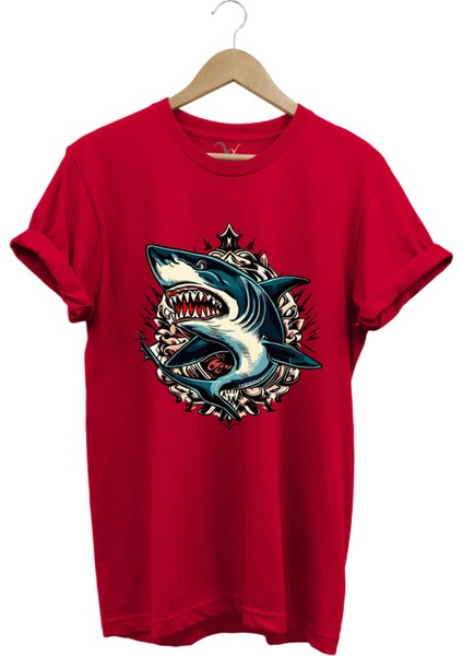 Köpek Balığı Baskılı Deniz Kum Güneş Shark Baskılı Regular Fit %100 Pamuk Tişört