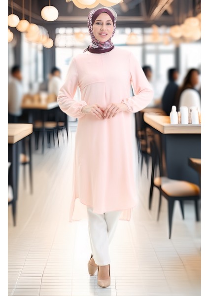 Çerçeve Detaylı Uzun Tunik 4105-01 Pudra modelleri