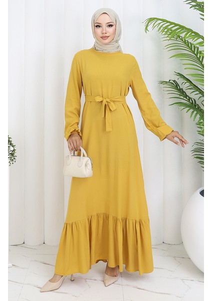 Eteği Fırfırlı Kuşaklı Elbise 4103-06 Sarı