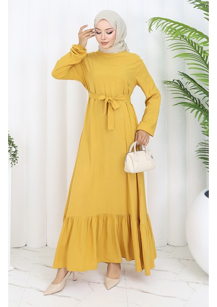 Eteği Fırfırlı Kuşaklı Elbise 4103-06 Sarı fiyatları