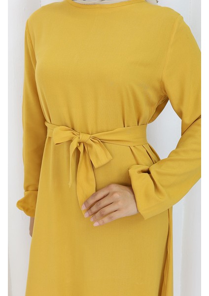 Eteği Fırfırlı Kuşaklı Elbise 4103-06 Sarı fırsatları