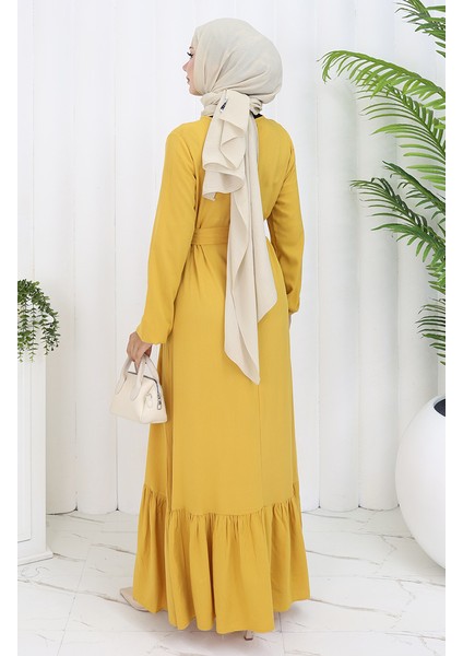Eteği Fırfırlı Kuşaklı Elbise 4103-06 Sarı indirimleri
