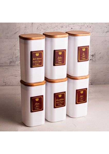 Boxy Beyaz - 6'lı Ahşap Vakumlu Kapaklı Etiketli Baharatlık Takımı 350 ml - Erzak Saklama Kabı Seti