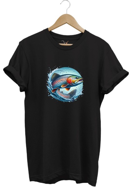 Alabalık Baskılı Balıkçılık %100 Pamuk Regular Fit Bisiklet Yaka T-Shirt