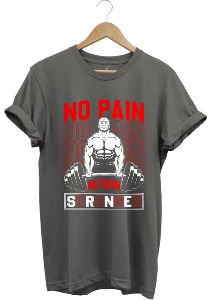 Gym Sporcu Fitness No Pain No Gain Dumbell Tasarım Baskılı %100 Pamuk Regular Fit T-Shirt