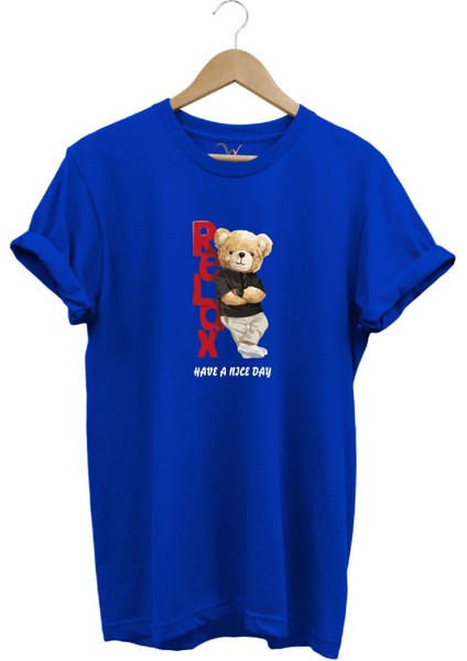 Sevimli Ayıcık Relax Ayı Tasarım Şık Baskılı %100 Pamuk Regular Fit Bisiklet Yaka T-Shirt