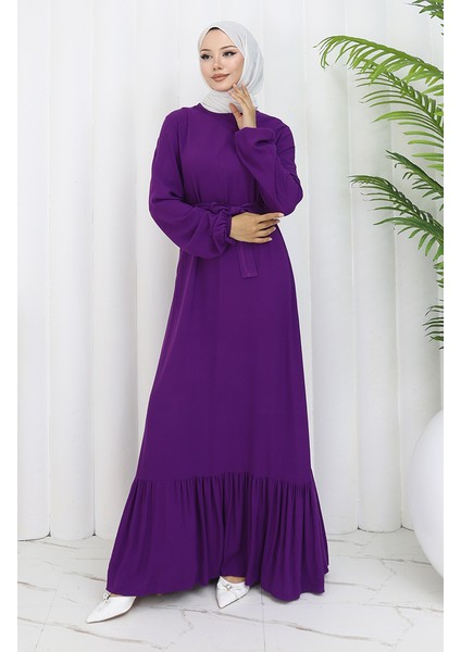 Eteği Fırfırlı Kuşaklı Elbise 4103-08 Mor