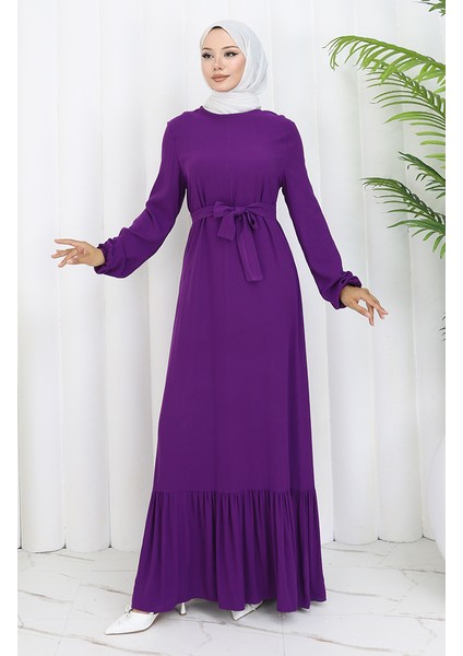Eteği Fırfırlı Kuşaklı Elbise 4103-08 Mor fiyatları