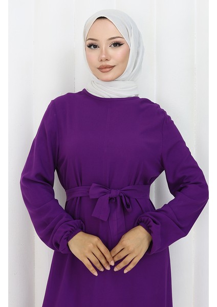 Eteği Fırfırlı Kuşaklı Elbise 4103-08 Mor modelleri