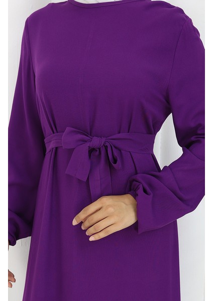 Eteği Fırfırlı Kuşaklı Elbise 4103-08 Mor fırsatları