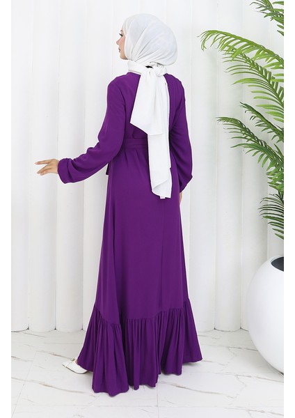 Eteği Fırfırlı Kuşaklı Elbise 4103-08 Mor indirimleri
