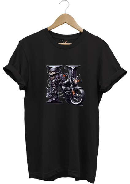 N Harfi Baskılı Motosiklet Kuru Kafa %100 Pamuk Regular Fit Bisiklet Yaka T-Shirt