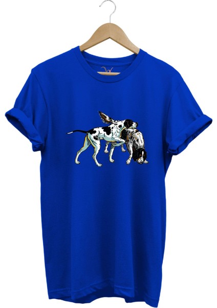 Avcılık Hunting Renkli Pointer Setter Köpekleri Baskılı %100 Pamuk Regular Fit Bisiklet Yaka T-Shirt
