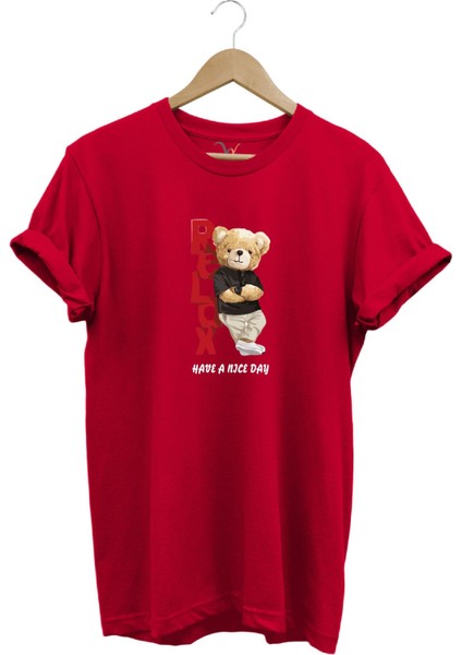 Sevimli Ayıcık Relax Ayı Tasarım Şık Baskılı %100 Pamuk Regular Fit Bisiklet Yaka T-Shirt