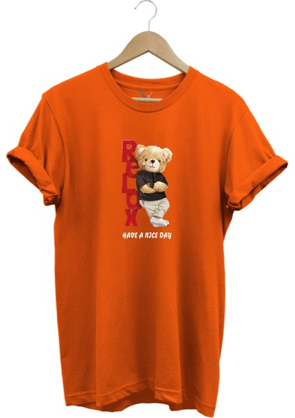 Sevimli Ayıcık Relax Ayı Tasarım Şık Baskılı %100 Pamuk Regular Fit Bisiklet Yaka T-Shirt
