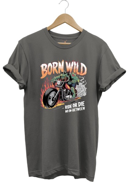 Motorsiklet Born Wild Ride Or Die Baskılı Kuru Kafa %100 Pamuk Regular Fit Bisiklet Yaka T-Shirt