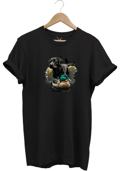 Avcılık Widi Hunting Ördek Avı ve Avcı Köpeği Baskılı %100 Pamuk Regular Fit Bisiklet Yaka T-Shirt