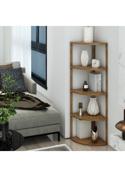 Zümrüt Atlantik Çam 5 Raflı Üçgen Ahşap Köşe Sehpası / Yan Sehpa / Çok Amaçlı Dekoratif Raf
