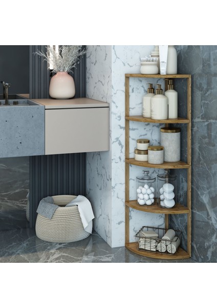 Zümrüt Atlantik Çam 5 Raflı Üçgen Ahşap Köşe Sehpası / Yan Sehpa / Çok Amaçlı Dekoratif Raf