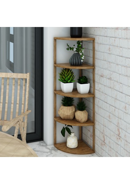 Zümrüt Atlantik Çam 5 Raflı Üçgen Ahşap Köşe Sehpası / Yan Sehpa / Çok Amaçlı Dekoratif Raf