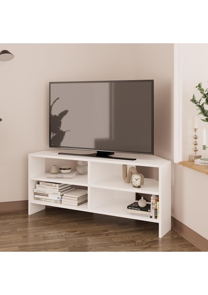 Roy B1420 Köşe Tv Ünitesi Tv Sehpası – Beyaz | Açık Raflı 48 Inç Uyumlu fiyatları