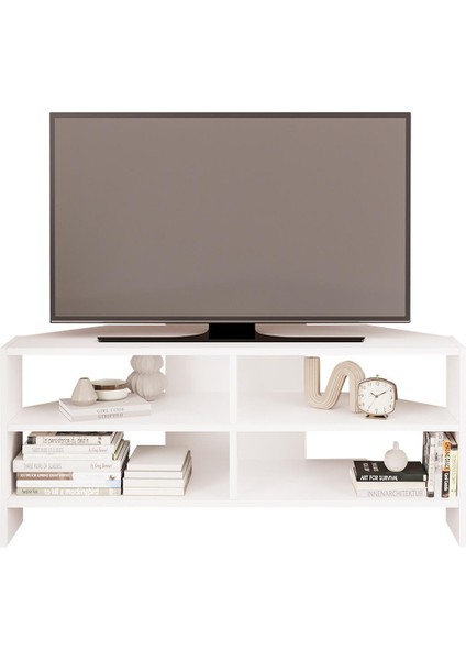 Roy B1420 Köşe Tv Ünitesi Tv Sehpası – Beyaz | Açık Raflı 48 Inç Uyumlu modelleri