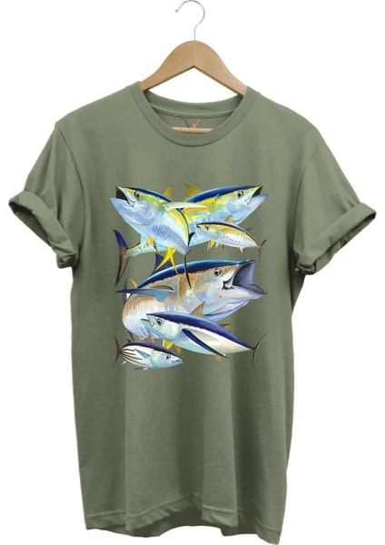 Balık Desenli Gümüş Balığı Baskılı %100 Pamuk Regular Fit Bisiklet Yaka T-Shirt