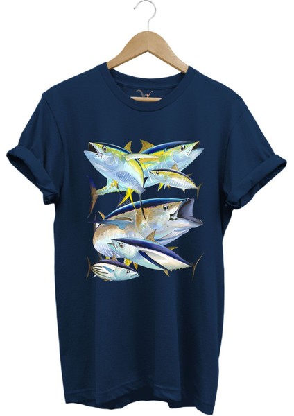 Balık Desenli Gümüş Balığı Baskılı %100 Pamuk Regular Fit Bisiklet Yaka T-Shirt